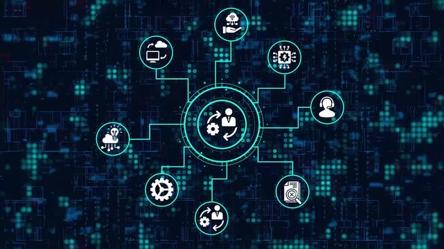 Digital Business Process Management Interface - blue Background,Centralized Data Management and Support Services HUD,Modern Corporate Workflow and Strategy Infographic