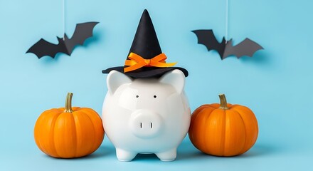 White piggy bank with witch hat and pumpkins halloween