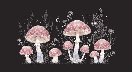 Mystical night forest scene with detailed pink and purple mushrooms, an ethereal glowing-eyed spirit, and delicate glowing plants under a crescent moon.