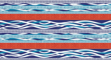 Seamless pattern with traditional Greek key borders and abstract blue waves on horizontal stripes, in white, blue, and terracotta.