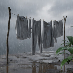 Grey garments hang on a rustic clothesline, drenched by a heavy downpour under a gloomy, overcast sky, creating a somber scene of laundry caught in the rain