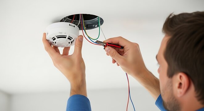 Electrician installing smoke detector wires ceiling