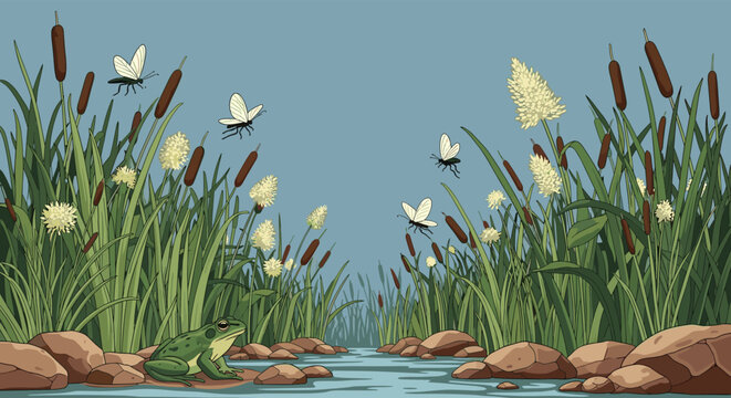 A green frog sits by a calm stream, surrounded by lush tall grass and cattails, as white-winged insects fly under a clear blue sky.