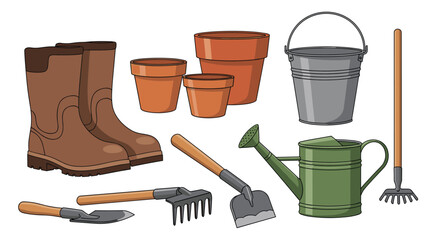 Essential gardening tools and supplies, including sturdy boots, terracotta pots, a metal bucket, a green watering can, and various small hand tools.