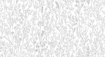 Detailed monochrome line art seamless pattern of various wildflowers and meadow grasses, creating a delicate botanical background.