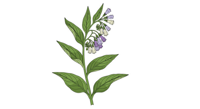 Botanical illustration of a comfrey plant with prominent green leaves and clusters of white and purple bell-shaped flowers.