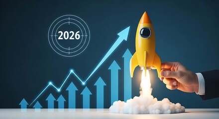 Yellow rocket launch with upward trend growth graph