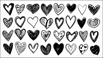 Hand-drawn doodle heart shapes collection. Set of various sketchy love symbols and romantic icons in black and white for graphic design.