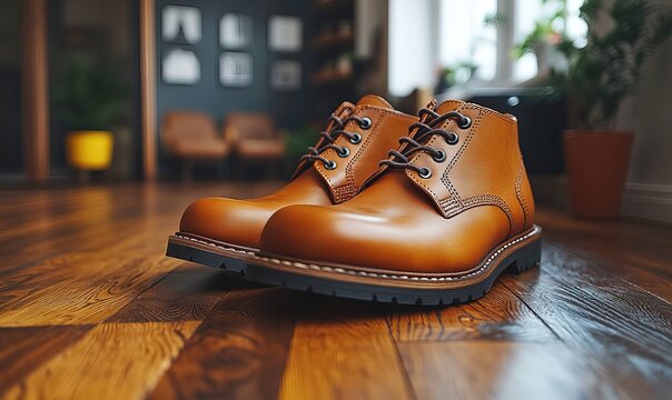 Closeup studio shot of leather boots on a rustic wooden floor