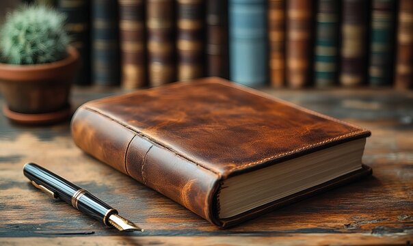 Rich LeatherBound Book and Fountain Pen on Wooden Desk with Book Background