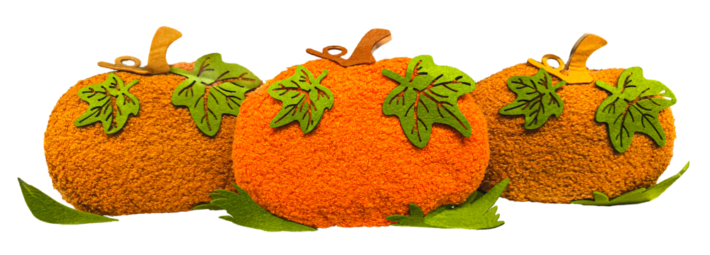 Three orange and brown felt pumpkin decorations isolated on transparent background