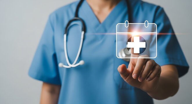 Medical professional touching digital health calendar