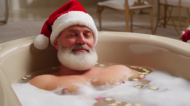 Santa Claus in a luxurious bubble bath with flower petals. The ultimate Christmas self-care and indulgence video for bath products.
