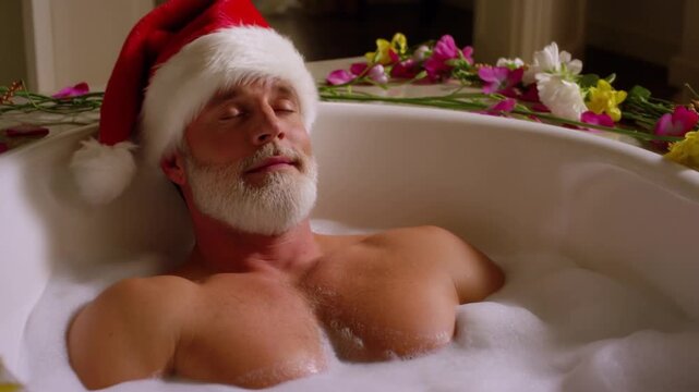Santa Claus in a luxurious bubble bath with flower petals. The ultimate Christmas self-care and indulgence video for bath products.