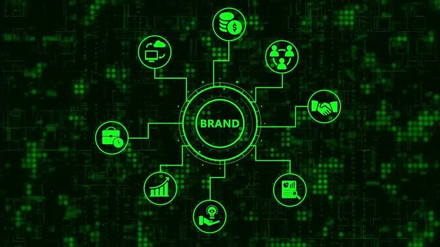 Brand digital technology concept with glowing icons brand strategy, brand management, brand process, brand forecast, brand funnel, brand target, brand plan
