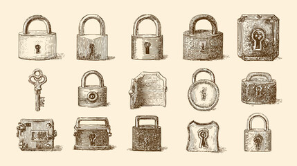 Vintage Hand Drawn Padlocks and Key Collection, Antique Lock and Security Illustration Set, Engraved Style Icons