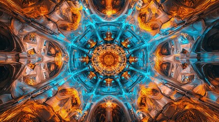 Intricate, symmetrical design with vibrant colours.