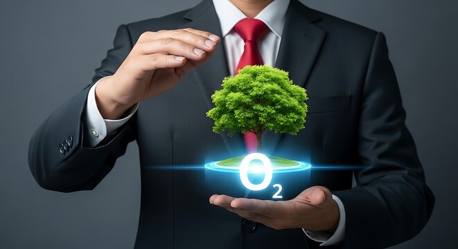 Businessman protecting green tree oxygen symbol suit