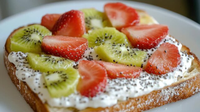 Slice of bread with fruit toppings, including strawberries and bananas.