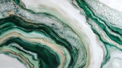 A swirling marble pattern captured with macro precision veins of emerald and ivory intertwining fluidly Crisp shadows add