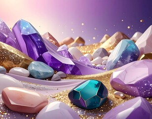 Dazzling, colorful gemstones in various shapes and sizes on a golden, sparkling surface