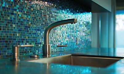 Modern kitchen sink with sparkling blue mosaic tiles