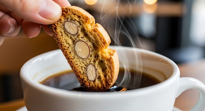 Biscotti Delight Dipping a Nutty Treat into a Cup of Rich, Steaming Coffee for a Tasty Snack