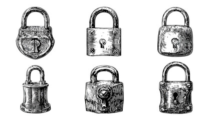 Vintage Padlocks Illustration Set: Hand-Drawn Antique Locks for Security, Privacy, and Access Concepts
