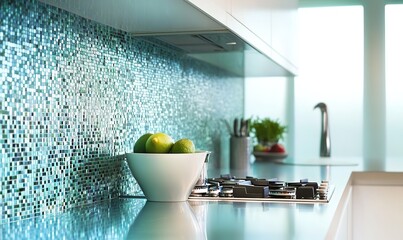 Modern kitchen interior with fresh limes and mosaic tile.
