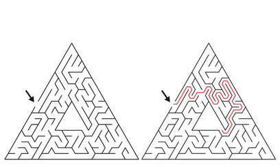 Triangular Maze Game for Adults - Easy Maze Game Flat Vector Black and White Outline Illustration.