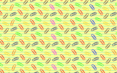 Colorful paper clip pattern. Paper clips seamless pattern background. Cute paper clips vector design.
Education and office supplies pattern. Colorful paper clips pattern on lined notebook background.