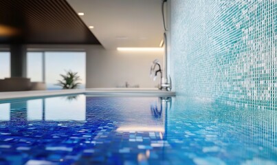 Modern indoor swimming pool with mosaic tiles and ocean view