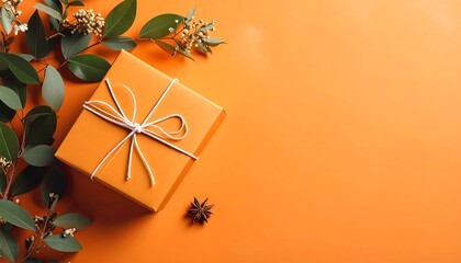 Festive Orange Gift Box with Greenery and Anise Star.