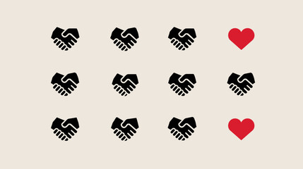 Business partnership, trust, and community love symbolized by graphic handshake and heart icons in a grid pattern.