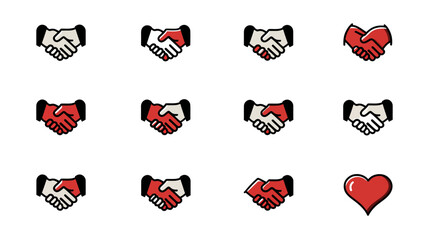 Pixel art handshake icons and red heart symbol collection for business agreement, trust, partnership, friendship, and love concepts