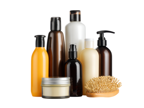 Amber brown white cream bottles pump dispenser brush image, Isolated, Png Transparent Background