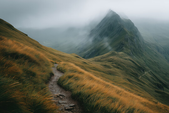 Misty mountain path through rolling hills with fog and dramatic peaks - Powered by Adobe