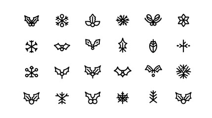 Minimalist Christmas and Winter Holiday Outline Icons Set. Festive Decorations, Holly, Snowflakes, and Ornaments.