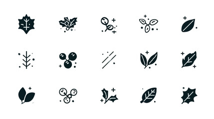 Minimalist Vector Plant and Leaf Icon Set. Simple Botanical Elements with Berries and Branches for Nature, Organic, or Seasonal Designs.
