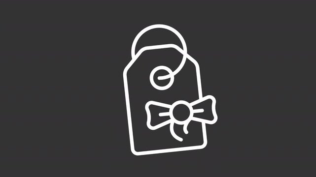 Gift tag with bow ui icon white line animation. Christmas present card. Holiday label to identify recipient and sender animated user interface element on dark background. Transparent HD video
