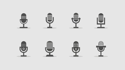 Collection of retro and modern microphone icons in a flat vector style. Ideal for audio, broadcast, and communication design elements.