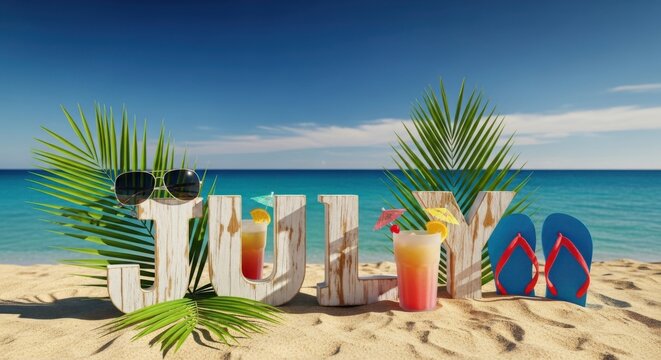 July celebration with tropical cocktails and flip flops on a sandy beach