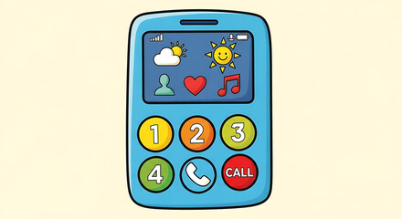 A cartoon illustration of a simple blue mobile phone with large buttons and basic icons.