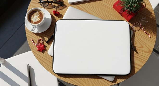Overhead view of a festive workspace with a laptop case, coffee, and Christmas decorations on a wooden table. - Powered by Adobe