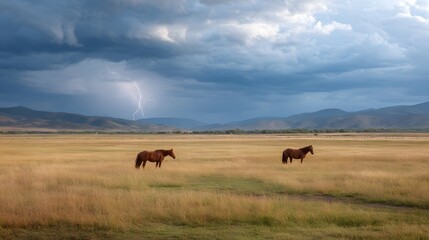 Two brown horses graze in a dry grassland under a dramatic stormy sky with lightning