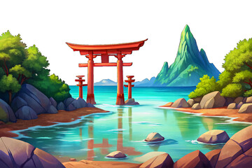 Tranquil Japanese coastline with red torii gate standing in shallow water, misty mountains and gentle waves