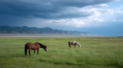 Obraz premium Two horses graze peacefully in a vast green meadow beneath a dramatic cloudy sky with distant mountains