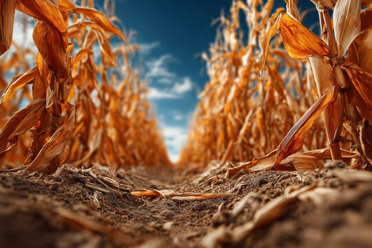 Close-up view of a cornfield with dry cornstalks under a clear blue sky