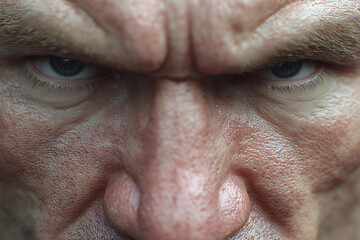 Intense close-up of mature man's face with focused expression