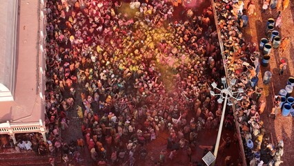 4K Drone Aerial View of Braj Holi in Nandgaon, Mathura | Traditional Krishna Holi Celebration with Colors and Devotees in Uttar Pradesh, India